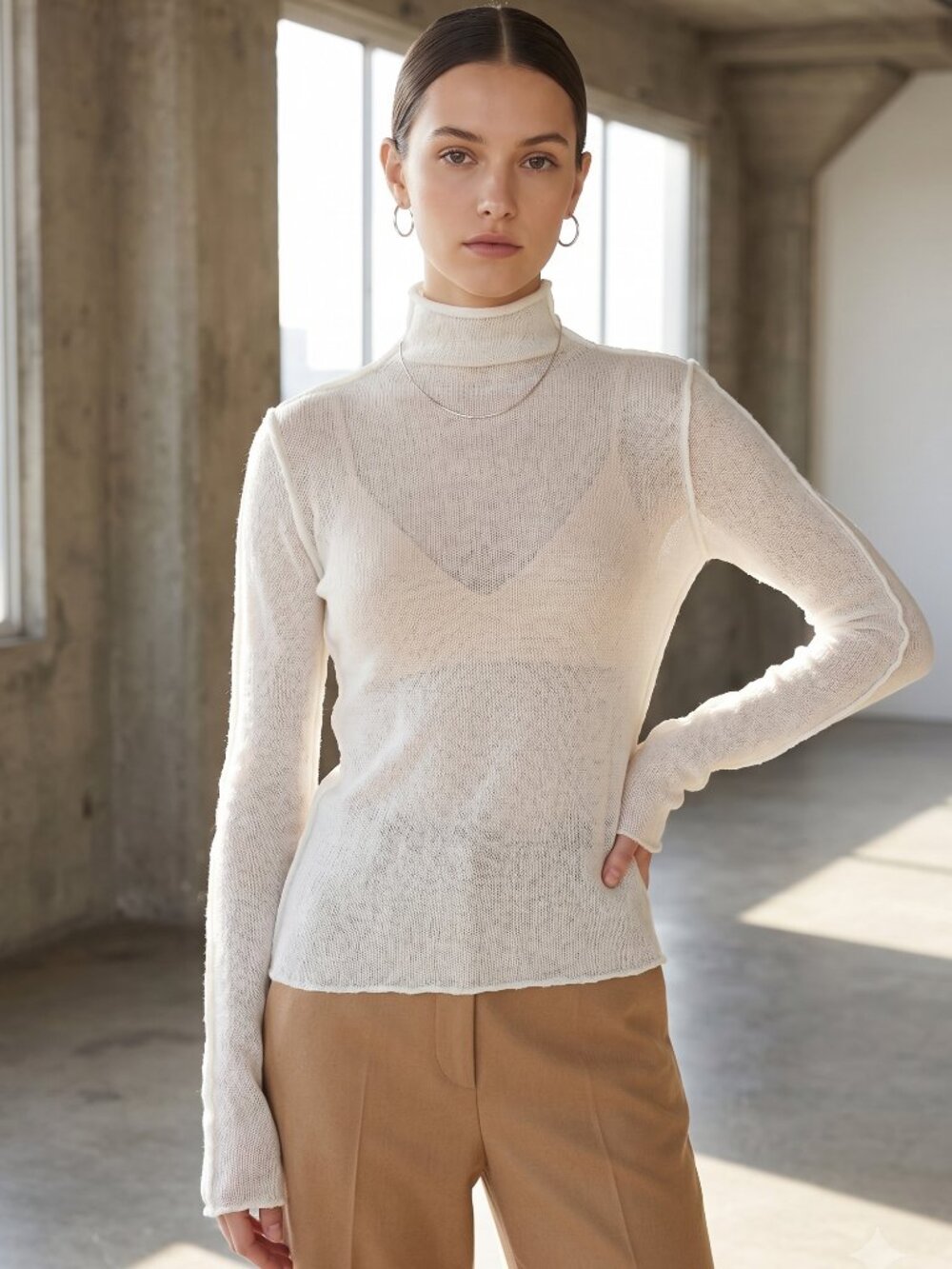 LIVØM Mohair wool mix Sheer White Turtleneck Sweater - Women's Lightweight Knit